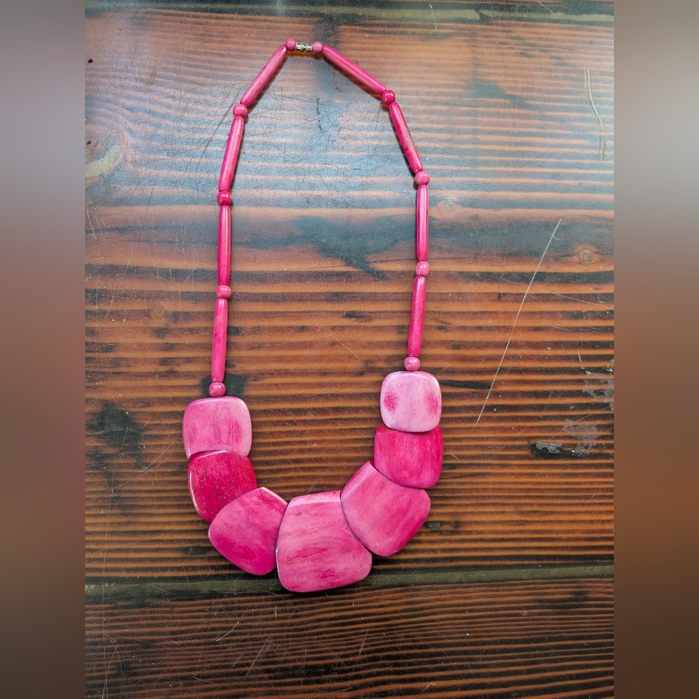 Chunky Pink Wood Statement Necklace